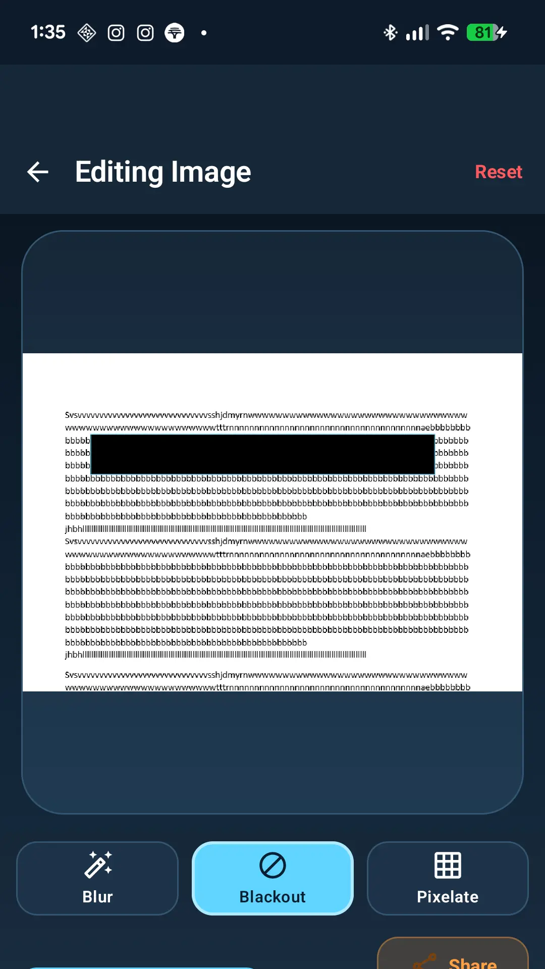Android screenshot with private text blacked out before sharing