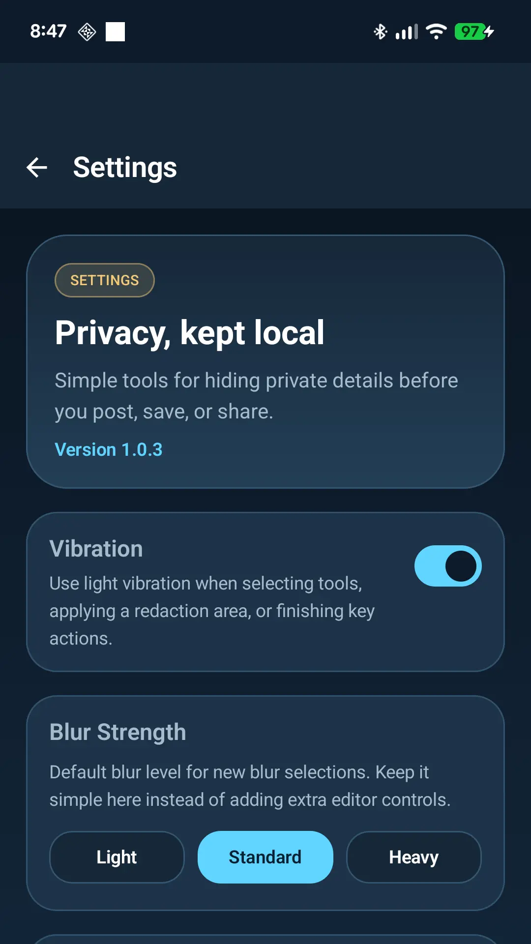 Settings screen for Android screenshot privacy app